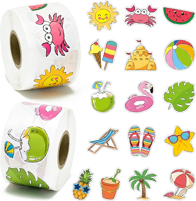 beyumi summer beach roll stickers - 1000pcs summer beach stickers in 2 rolls waterproof vinyl cute drawing style decals for phone laptop water bottle notebook luggage computer envelope decor