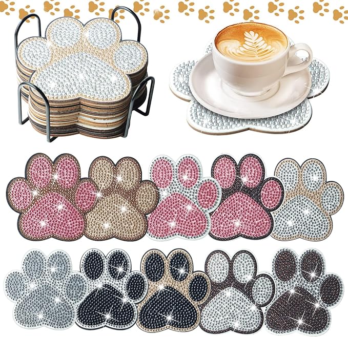 10 Pcs Dog Paw Shaped Diamond Painting Coasters Kits Cat Pet DIY with Holder for Beginners Adults and Kids Art Craft Supplies Gift…