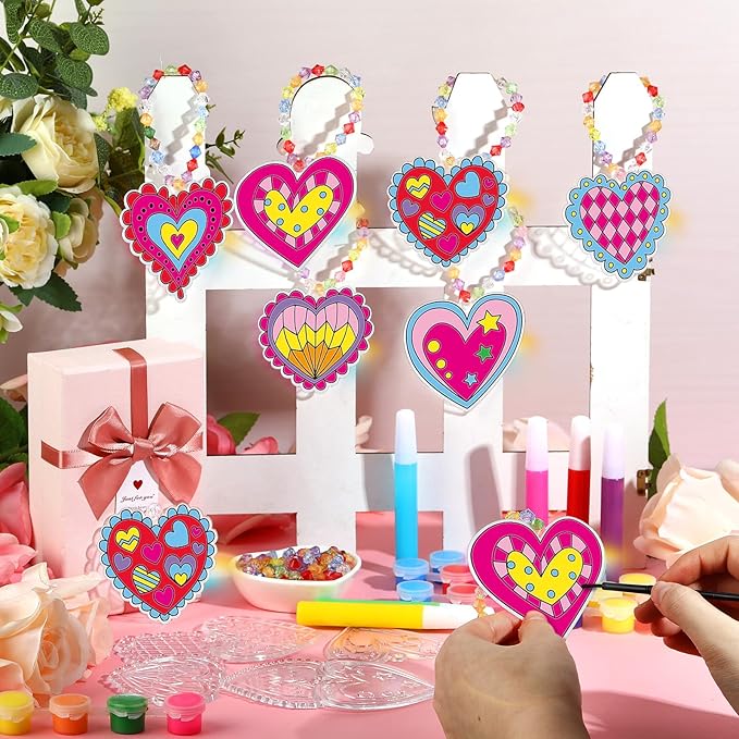 Sonwyoung 30 Sets Valentine's Day Suncatchers Craft Kits, DIY Heart Glow in The Dark Suncatcher Kits Stained Glass Window Paint Art for Valentines Activities Art and Craft Party Favors