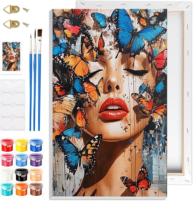GHHKUD Butterfly Women Paint by Numbers Kits with Frame for Adults Beginners, DIY Paint by Numbers for Kids, Painting Art on Canvas Gifts Home Wall Decor 20x30cm