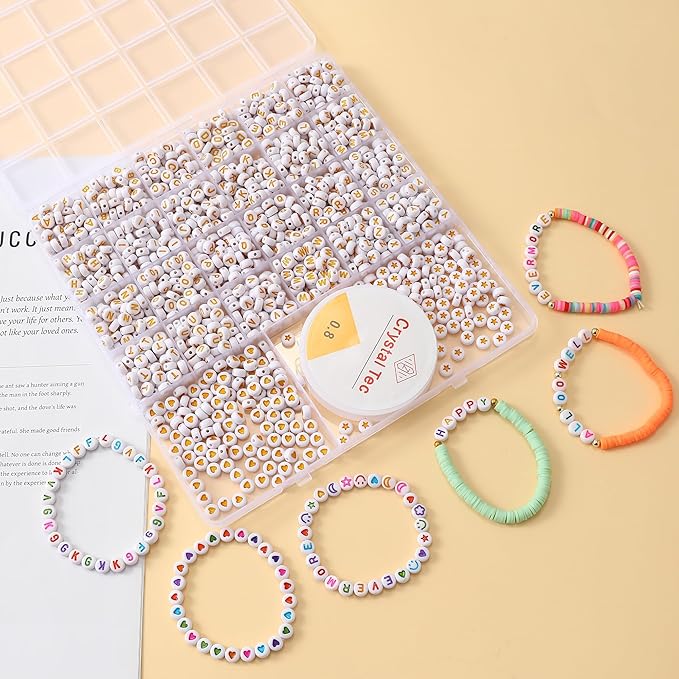 nikkiGuo 1250pcs 4x7mm White Round Acrylic Alphabet Beads A-Z Heart Beads with Numbers Crystal Line for Jewelry Bracelet, Necklace and Key Chains (Yellow White Colorful)