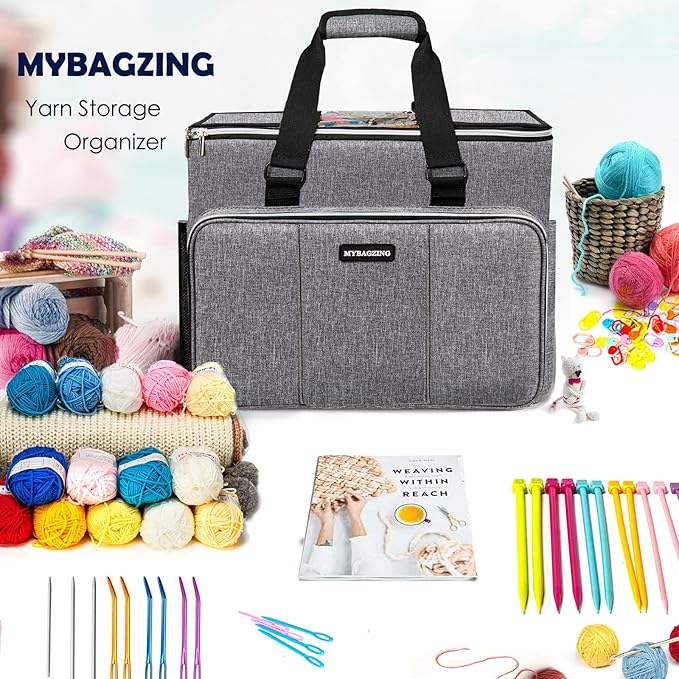 Knitting Bag, Large Yarn Storage Organizer, Crochet Bags and Totes, Yarn Bags for Crocheting, Yarn Holder Case for Knitting Needles, Crochet Hooks, Knitting Accessories, Unfinished Project, Grey.