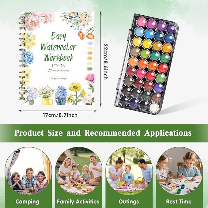 Watercolor Workbook，36 Colors Water Coloring Book Paint Set for Adults,12 Different Patterns of Original DIY Designs, Beginner-Friendly Watercolor Workbooks with Palette and Brush (Flower)