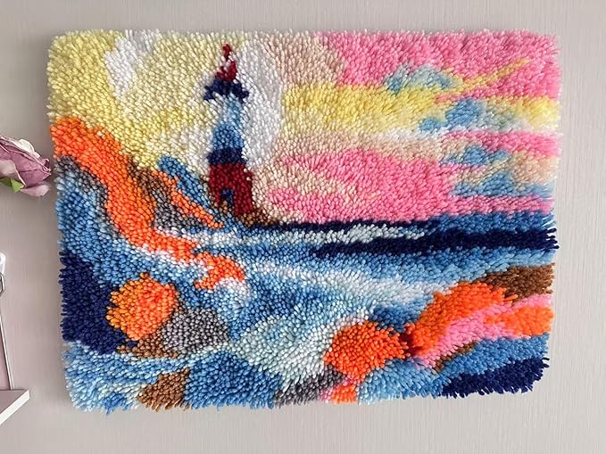 GLAECYY Latch Hook Kits Rug Crochet Yarn Kit Cushion Colour Pre-Printed Canvas Rug Needlework DIY Hook and Latch Kit (Seaside Lighthouse)