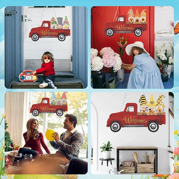 APCGSM 16PCS Interchangeable Diamond Painting Welcome Sign for Front Door Holiday Gnome Decor Red Truck Hanging Sign Diamond Art Painting Kits for Adults Interchangeable Seasonal Decor for Home Wall