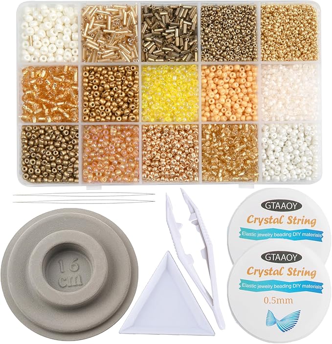 GTAAOY Mix 15 Color Glass Seed Beads, Glass Bugle Beads Tube Beads for Adults, Bracelet Bead Boards, Tweezers,Elastic Sting for Jewelry Making(Mix Size,Gold)