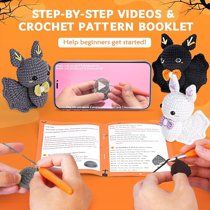 Crochet Kit for Beginners, Beginner Crochet Kit for Adults with Step-by-Step Video Tutorials, Halloween Gifts DIY Crochet Animal Kits Knitting Supplies, 3 Pack Bat (40%+ Yarn)
