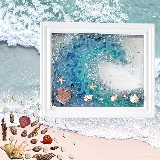 Sea Glass Art Kits, New Sea Glasss Resin Art Kits for Adults, DIY Mosaic Glass Kits, Mosaic Kits for Adults Resin Beach Art Kit for Home Decoration, Bookshelf, Office, Windowsill (L)
