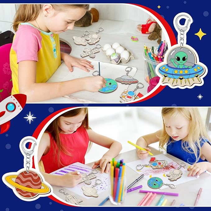 Trnayi 36 Pcs Outer Space Party Favors Unfinished Wooden Keychains Color Your Own Space Astronaut Star Planet Alien UFO DIY Wood Crafts Blank Wood Painting Crafts for Birthday Arts Gifts