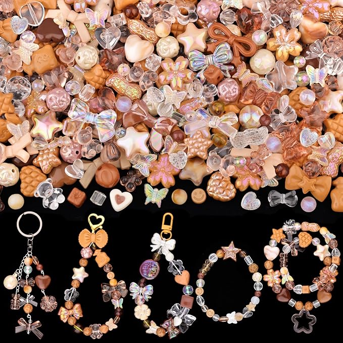200-260pcs tinkrstuff assorted acrylic beads brown cute beads for bracelet making, aesthetic gummybear bow flower candy butterfly kawaii charms for jewelry making diy necklace keychain phone charm