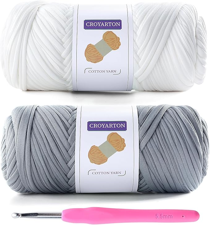 2 Pack Tshirt Yarn for Crocheting, Elastic T Shirt Spaghetti Thick Knitting Yarn Total Length 130 Yds for Crochet Bag Baskets Home Decor with 1 Crochet Hook (White+Light Gray)
