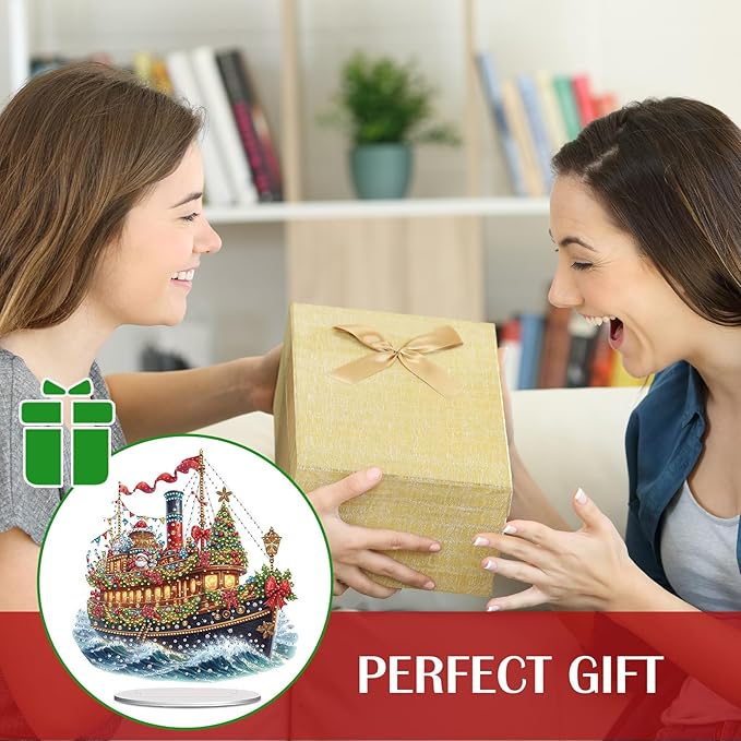 LAKEQUILL Christmas Diamond Art Painting Kits, Tabletop Ornament, Stand Up Diamond Art Desktop Kits for Home Office Decor, New Year Gift - Xmas Sailboat