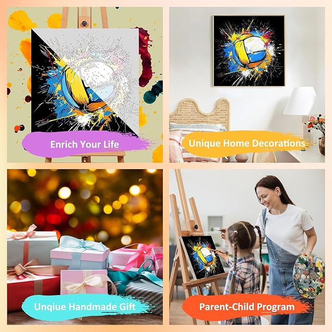 Paint by Numbers Kit for Kids with Frame, Volleyball Paint by Numbers for Kids Ages 4-8-12, DIY Volleyball Acrylic Oil Painting for Home Wall Art Decor Gift 7.8x7.8 inch (with Frame Easel)