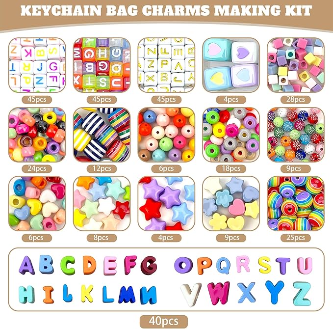 328 PCS Bead Bag Charm Kit for Girls, 40pcs Big Chunky A-Z Keychain Making Kit with Colorful Heart Star Flower Letter Bag Beads DIY Key Chain Charm Supplies for Women and Boys