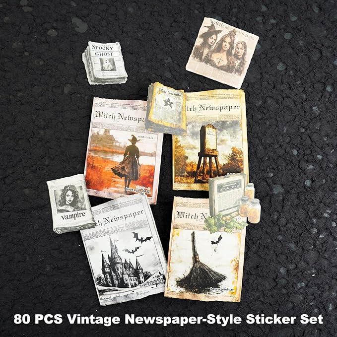 Witch Newspaper Dark Collage Stickers – 80pcs Vintage Gothic Paper Cutouts, Pre-Cut White Kraft Ephemera for Scrapbook Journal Junk Journal DIY Crafts