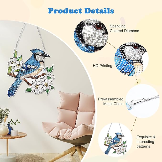 HEIBAGO Bird Hanging Diamond Art Kits for Adults, Flower Special Shaped Crystal Diamond Painting Ornament Kit, DIY Double-Sided Pattern Window Pendant Gem Art Kit for Home Wall Decor 8.3x8.3inch