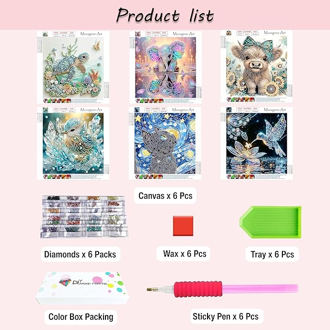 Muzagroo Art Animals Diamond Paintings Kits for Adults, Special-Shaped Diamond Art Kits for Beginners, Hand Crafts Sea Turtle Diamond Dot Kits Bird Gem Art 12x12 inches 6PCS (Animals)
