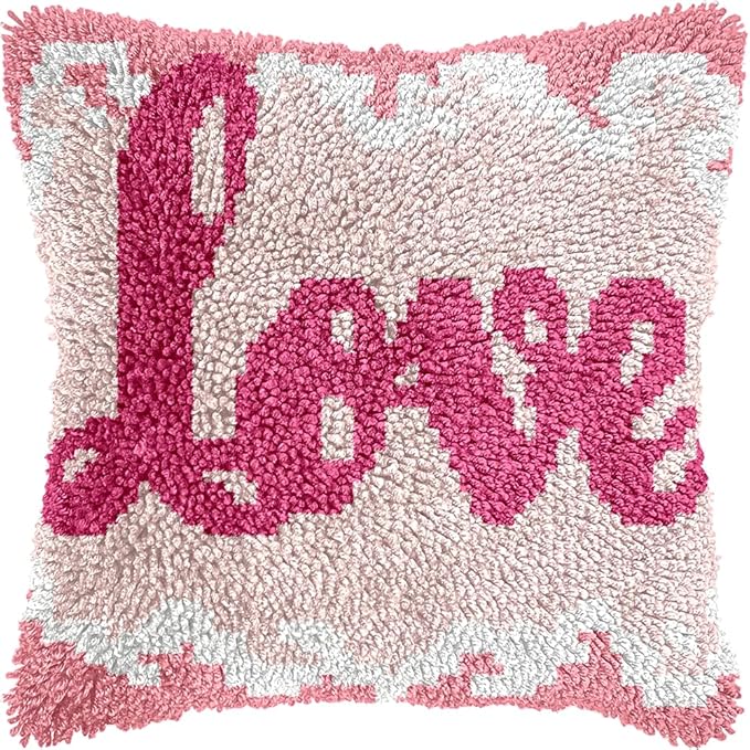 Cozykeke Love Latch Hook Kit,DIY Pillow Cover Cushion Craft Kits with Pre-Printed Canvas for Adults and Beginners, Suitable for Home Decor and Festival Gift 17 * 17in (BX861)