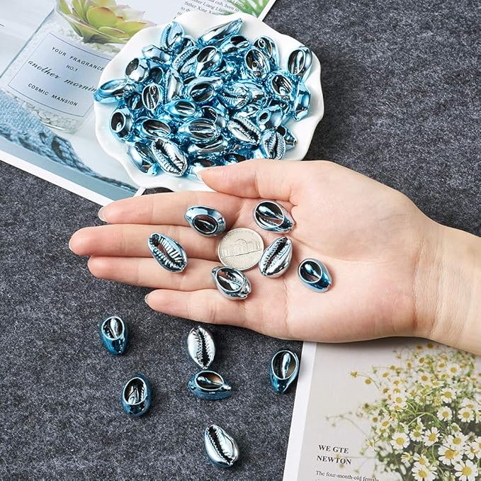 Cheriswelry 100pcs Sea Shell Electroplated Beads Undrilled Sky Blue Spiral Cowrie Shell Oval Beads Ocean Summer Beach Loose Spacer Beads 17~21mm for DIY Bracelet Necklace Jewelry Making