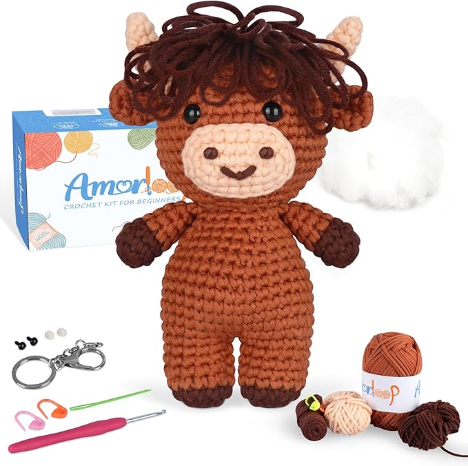 Crochet Kit for Beginners – Easy-to-See Stitches Yarn, Pre-Started Piece, and Step-by-Step Video Tutorials | Starter Crochet Set with Cute Animal Pattern – Original Handmade Highland Cow Pattern