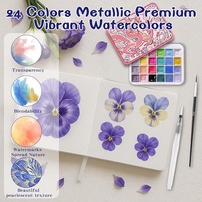 Mini Watercolor Paint Set - 24 Colors Glitter Travel Watercolor Set, Portable Metallic Water Color Paints Palette Box with Watercolor Book,Clips,Pens,Storage Bag for Painting Lovers and Artists