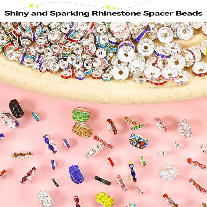 290PCS 6 Styles Rondelle Spacer Beads for Jewelry Making, 6mm, 8mm, 10mm, 11mm, 12mm Rhinestone Spacer Beads for Beaded Pens, Multicolor Crystal Bead Spacers for DIY Crafts
