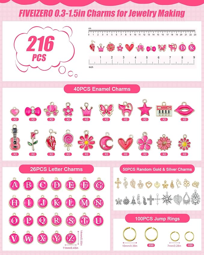 FIVEIZERO 216PCS Bracelet Charms for Jewelry Making – Assorted Gold & Silver Metal Enamel Pendants with Jump Rings for Necklaces, Earrings & DIY Jewelry Crafts(Dark Pink)