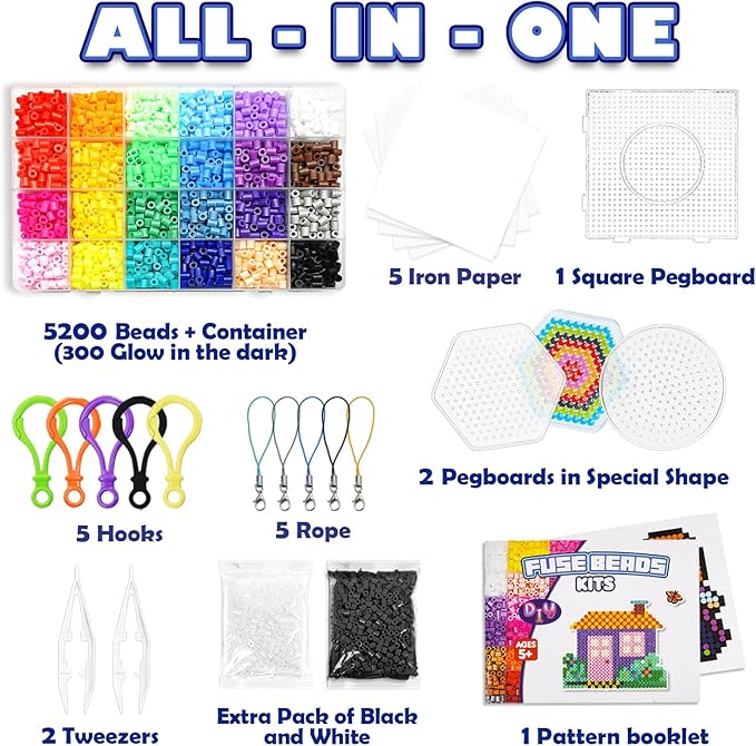 funzbo 5200 5mm fuse beads kit - 24 colors | 66 patterns, christmas crafts toys for girls ages 8-12, arts and crafts for kids ages 6-8, christmas gifts for girls boys age 5 6 7 8 9 10 11 12 year old