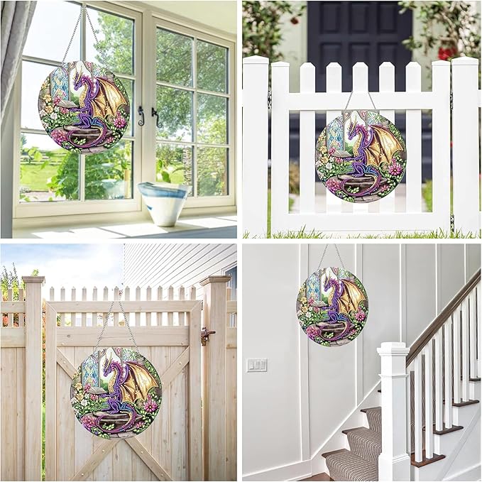 Reofrey Hanging Diamond Art Kits for Adults - 8x8 Inch Dinosaur Acrylic Board Double Sided Pattern Diamond Art Suncatcher Pendant, DIY Crystal Art for Home Wall or Window Decoration Handmade Gift