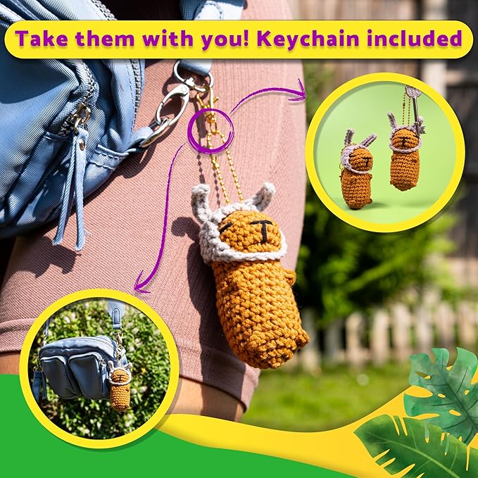 Berstuk Wiggles & Pompom – Hoppy Capybara Crochet Kit for Beginners – Easy Amigurumi Animal Kit with Yarn, Hook, Keychains & Video Tutorials – Cute DIY Gift for Adults & Teens