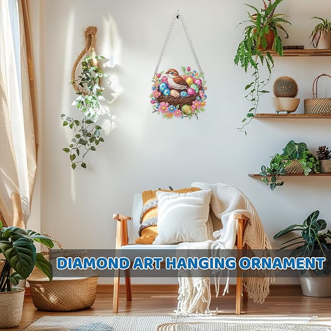MEIYUDA Easter Diamond Art Hanging Kits for Adult, Easter Egg Diamond Painting Hanging Kits Ornaments, DIY Bird's Nest Special Shaped Rhinestone Window Pendants kit for Home Garden Wall Decor Gift