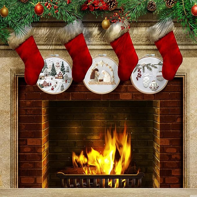 LB Christmas Embroidery Kit for Beginners: 4-Piece Cross Stitch Set with Green Plant, White Snowflake & Gnomes | Adults DIY Starter Kit Includes Hoop, Threads and Tools