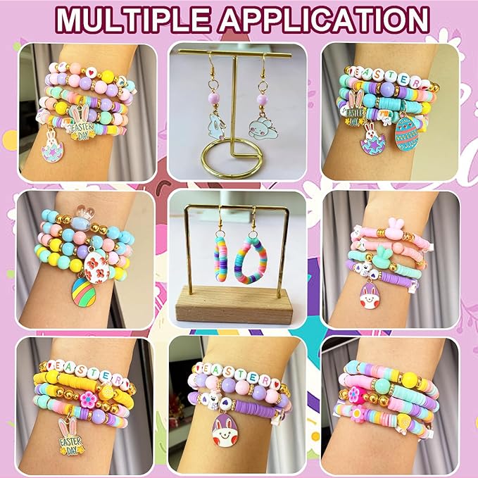 1955Pcs Easter Beads for Bracelets Jewelry Making Kit, Candy Color Assorted Spring Beads Easter Egg Bunny Clay Beads Cute Kawaii Pastel Beads with Easter Charm for DIY Crafts Necklace Earring Phone
