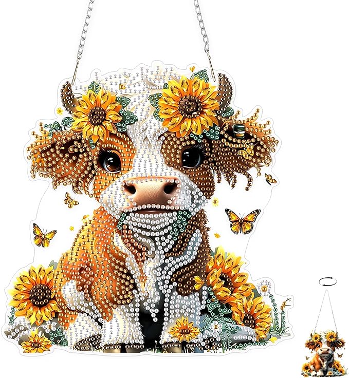 TOSTOG Countryside Flower Calf Diamond Art Pendant Kit for Adult, Diamond Painting Hanging Kit for Beginners, 5D DIY Crafts Gem Art, Waterproof Full Accessories for Home Decor Idea 20 * 20 cm/8 * 8 in