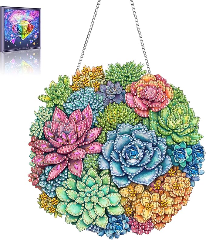 Wergund 5D DIY Succulent Diamond Art Hanging Kits, Hanging Diamond Art Plant, Acrylic Special Shaped Rhinestone, Window Hanging Pendants for Home Wall Garden Front Door Outdoor Decor Gift(Succulent)