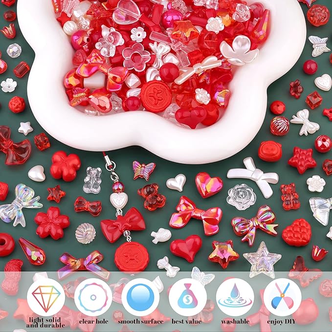 200-260pcs tinkrstuff assorted acrylic beads red cute beads for bracelet making, bow aesthetic gummybear flower candy butterfly kawaii charms for jewelry making diy necklace keychain phone charm
