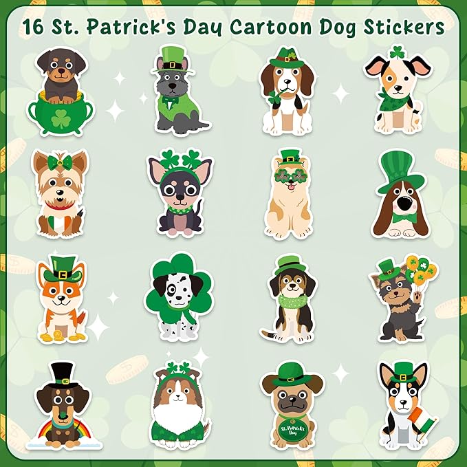h1vojoxo st. patrick's day sticker rolls - 1000pcs irish shamrock holiday cartoon dog stickers for kid 16 design st. patrick's cute dog sticker for craft st. patrick cartoon dogs stickers for envelope