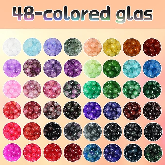 LIS HEGENSA 8MM 48Color Glass Beads for Bracelet Making Kit, 1700pcs+ Round Crystal Glass Beads Jewelry Making Kits, Bead Starter Kit for DIY Crafts,Friendship Bracelets (48Color(1700PCS))