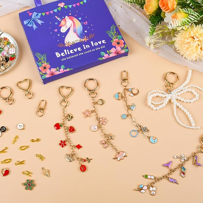 319Pcs Lip Gloss Keychain Making Kit, Including 18 Keychain Clips, 20 Extender Chain, 117 Charms, 150 Jump Ring, 1 Jewelry Plier, Bag Charm Kit, Key Chains Making Supplies for DIY Crafting and Jewelry