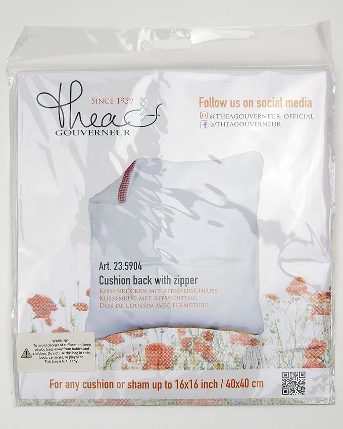 Thea Gouverneur Cushion Back Kit with Zipper - White - for Any 16x16 Inch (40x40cm) Cushion- Cross Stitch Creations - Embroidery - Embroidery Kit for Adults - 23.5904
