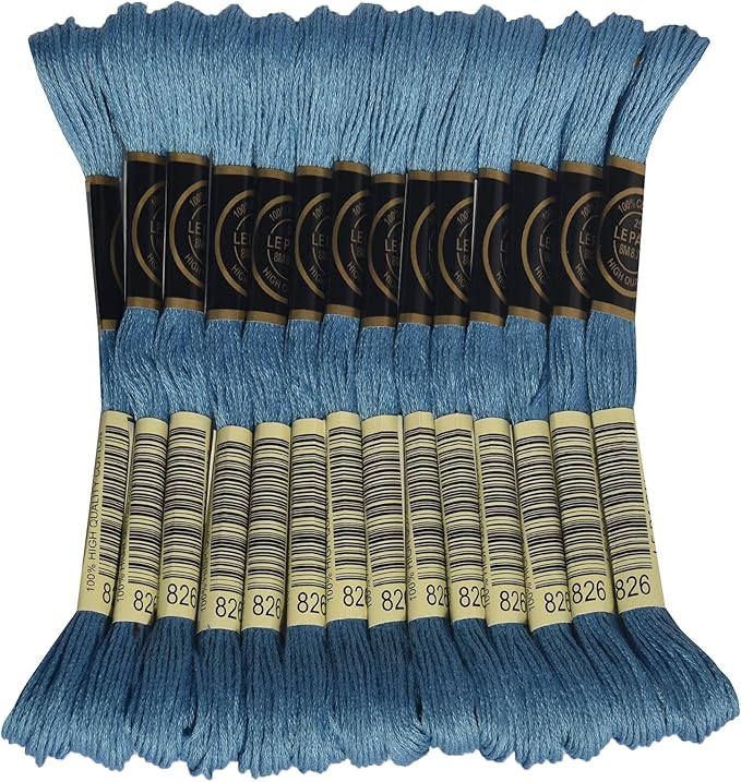 LE PAON Embroidery Floss, 14-Pack Six Strands 100% Long Staple Cotton Embroidery Thread, 8.7-Yard，Color Number：826, Medium Blue