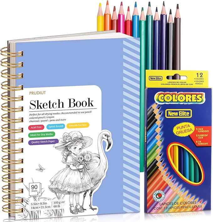 Sketch Book with 12 Color Pencil Set, 90 Sheets Spiral Sketchbook for Drawing (68lb/100gsm), Acid-Free Sketch Pad for Kids Artist, Art Paper Drawing Supplies for Gifts(Blue)