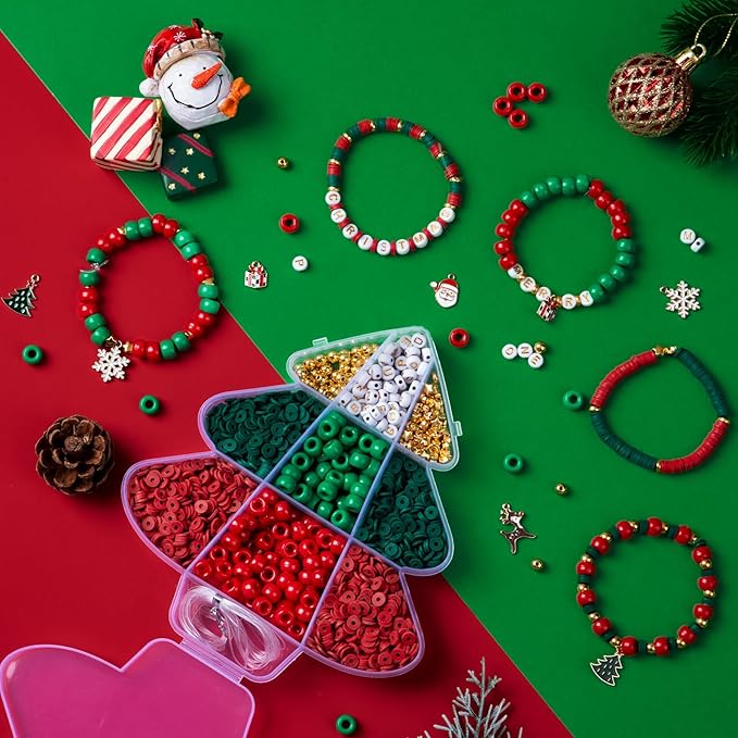 Taybonds Christmas Bracelet Making Kit, Christmas Beads for Bracelets and Jewelry Making, Xmas Bead Kit with Red Green Pony Beads, Clay, Letter Beads and Charms,Holiday DIY Friendship Gifts