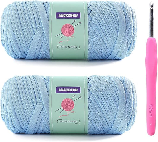 Trapillo Tshirt Yarn for Crochet, Soft T Shirt Yarn for Home Decor, Each 7oz, 65yd (Shallow Lake Blue) with 1 Crochet Hook
