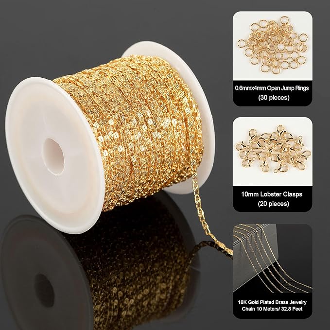 10 Meters Jewelry Chain for Jewelry Making, 18K Gold Plated Chain Necklace for Women Light Gold Chain Roll with 20pcs Lobster Clasps + 50pcs Jump Rings