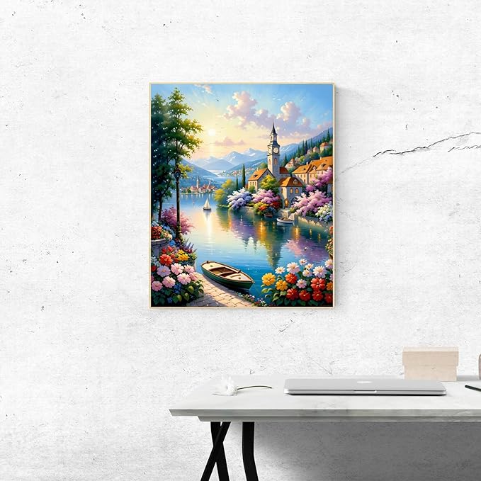 Paint by Numbers Kit for Adults Beginner,Scenery Paint by Numbers, Coastal Town DIY Oil Painting, Adult Paint by Number Kits on Canvas, Without Frame Paint by Number on Canvas for Gift Home Wall Decor