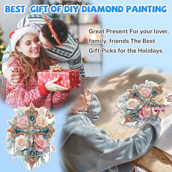 Bowetile Hanging Diamond Art Cross Kits for Adults, 5D Special Shape Diamond Painting Flower Kits, Cross Diamond Gem Art Suncatchers Painting Pendant Ornament for Home Garden Wall Decor