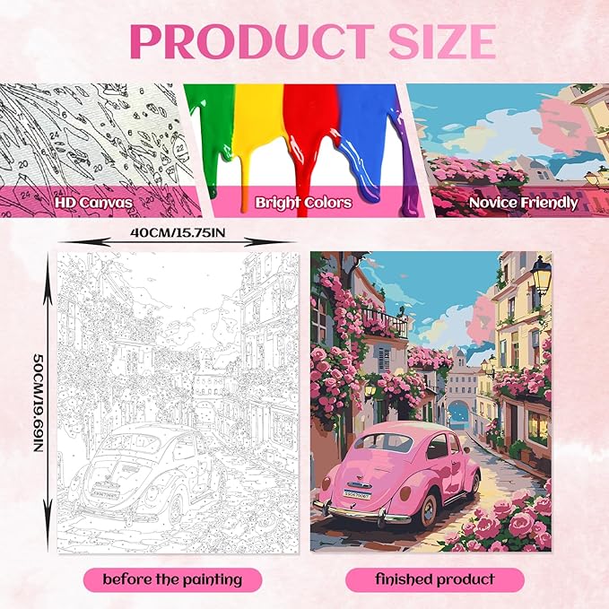NPCSWXQ Paint By Numbers Kit for Adults Beginners, Sunset Pink Roses Pink Car Decoration Oil Acrylic Painting Crafts Number Artist Paint Kit for Home Wall Bedroom Study or Office Decor Gift 16x20Inch