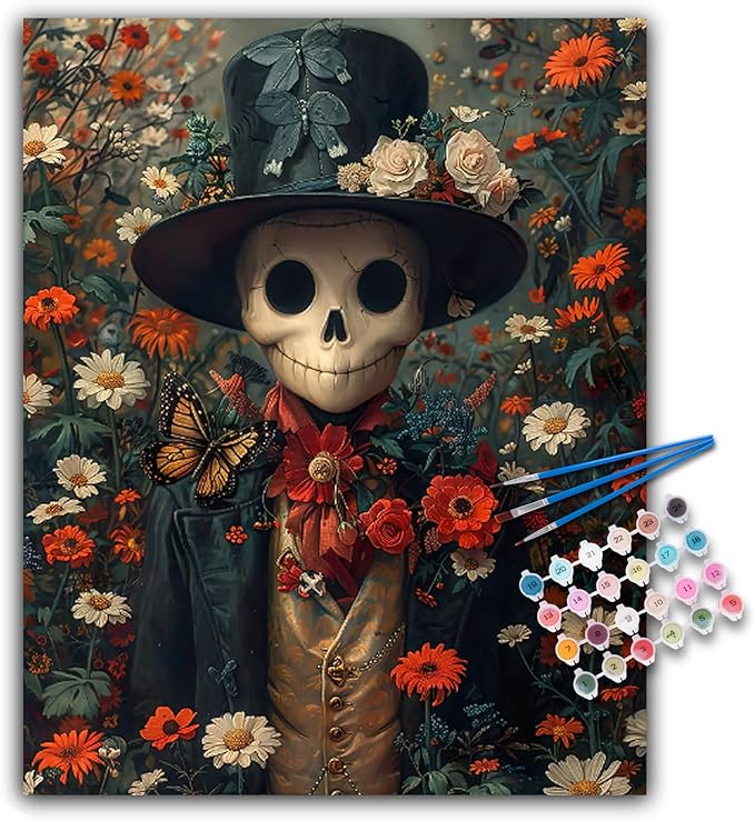 Halloween Paint by Numbers Kit for Adults - Skull Acrylic Adult Paint by Number Kits on Canvas for Beginner, Flowers Skeleton DIY Oil Painting by Numbers for Adults Kit for Home Decor Gift 16"x20"