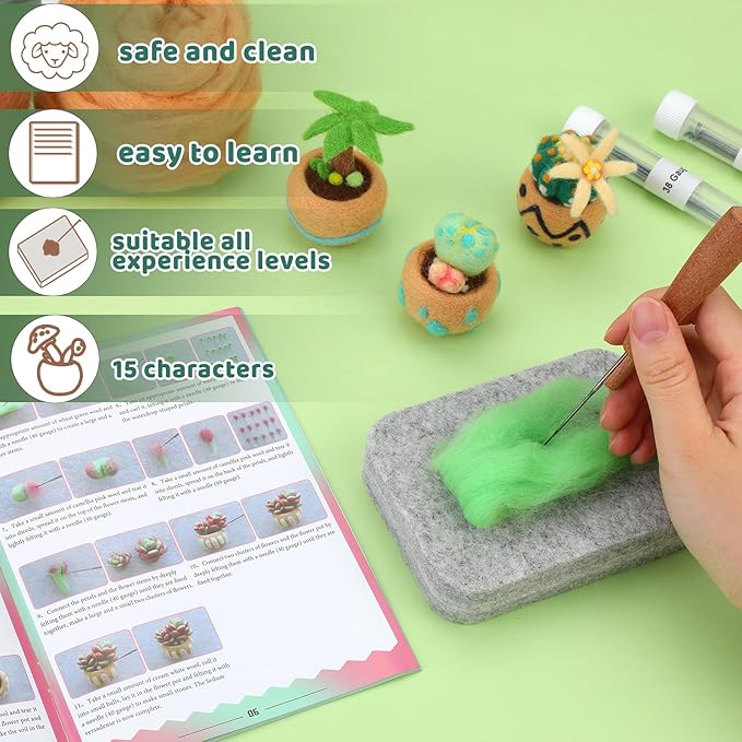 Needle Felting Kit, 15 Pcs Succulent Beginner Needle Felting Kit, Needle Felting Tools, Wool Felting Kit Including Wool Roving, Foam Mat, Felting Needles and Instructions for Diy Felting Starters